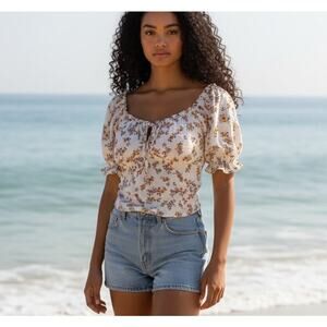 Baby Doll Top Crop Puff Sleeve Floral Y2K Smocking Milk Maid XXL No Boundaries